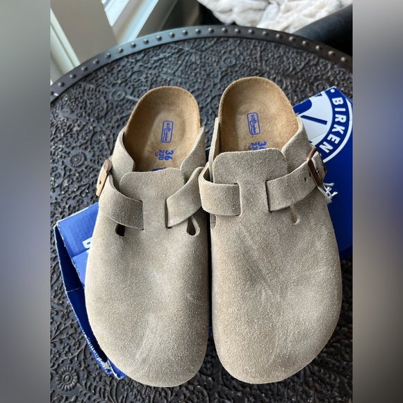 ✨BIRKENSTOCK BOSTON SUEDE SOFT FOOTBED CLOGS IN TAUPE 36 5 NARROW - Picture 10 of 14